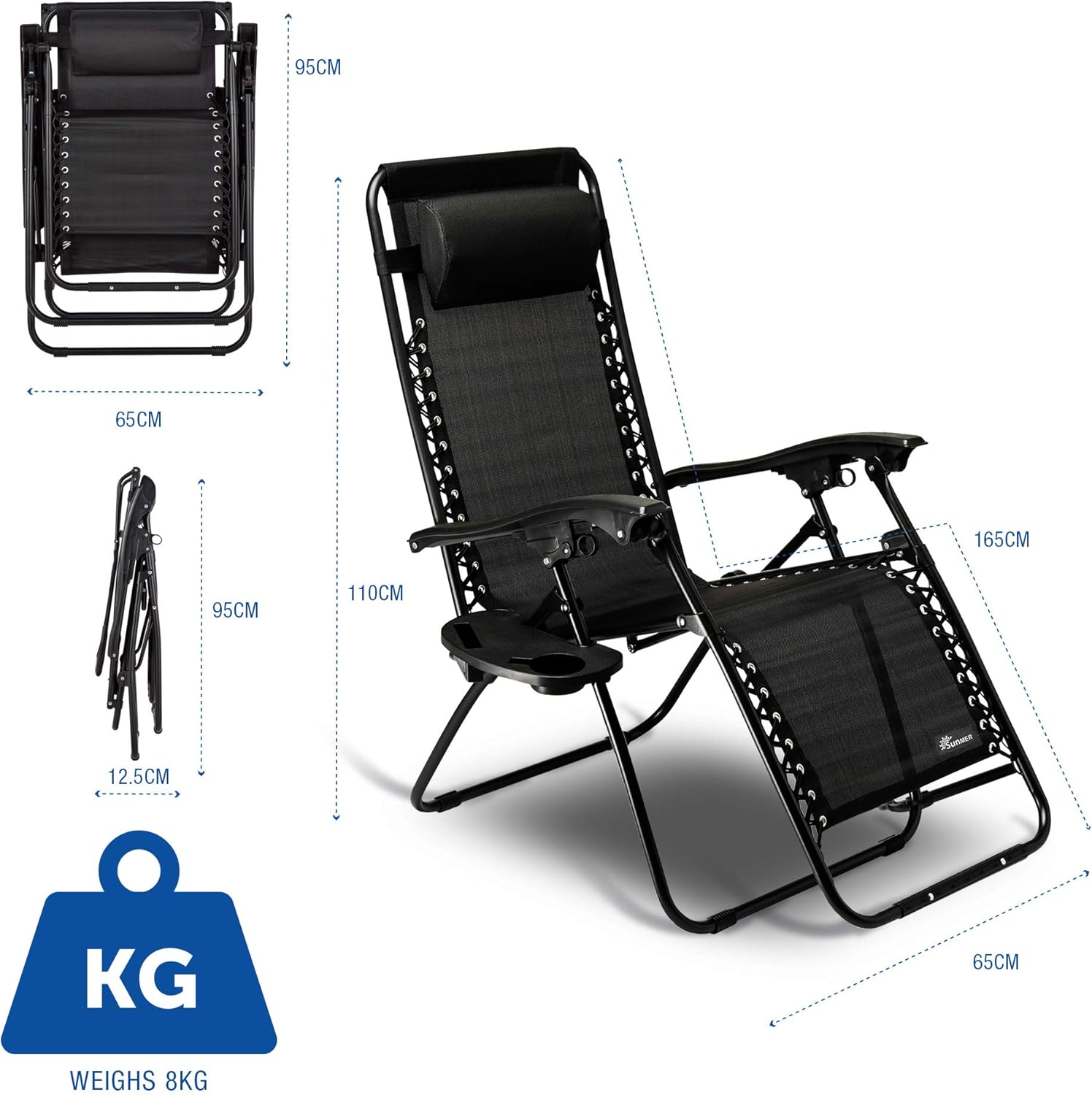 Zero Gravity Sun Loungers Set of 2 Black Reclining Chairs