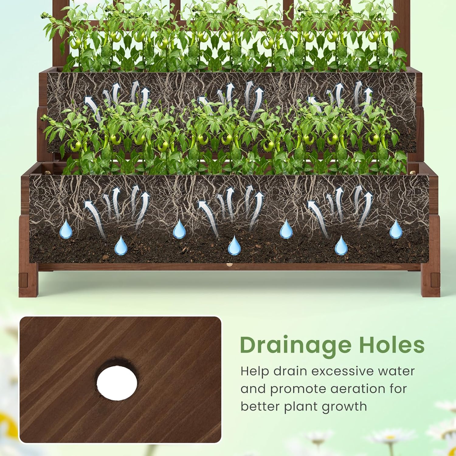 2 Tier Raised Garden Bed with Trellis Wooden Planter 121cm