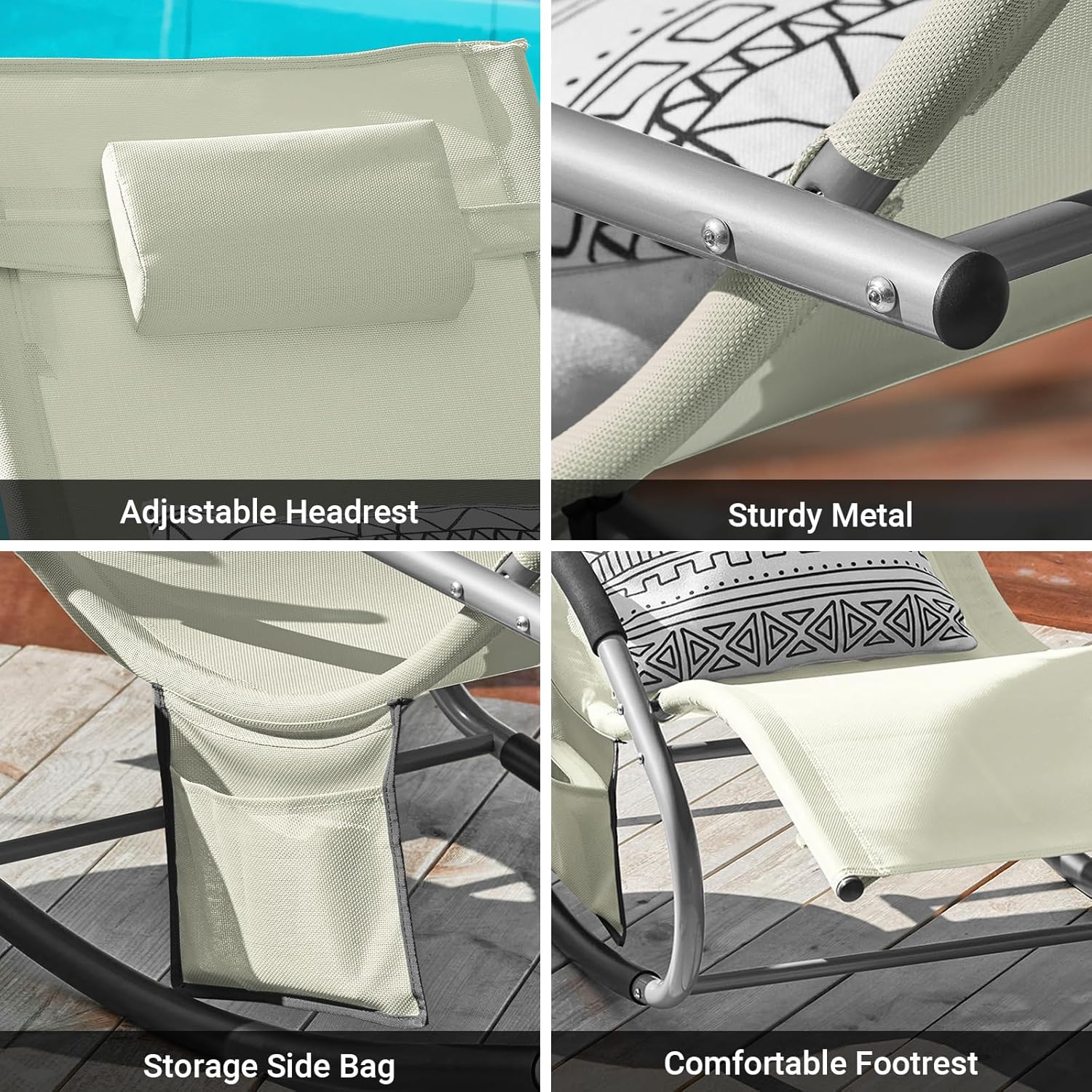 Outdoor Rocking Recliner Chair with Pillow Pocket Beige