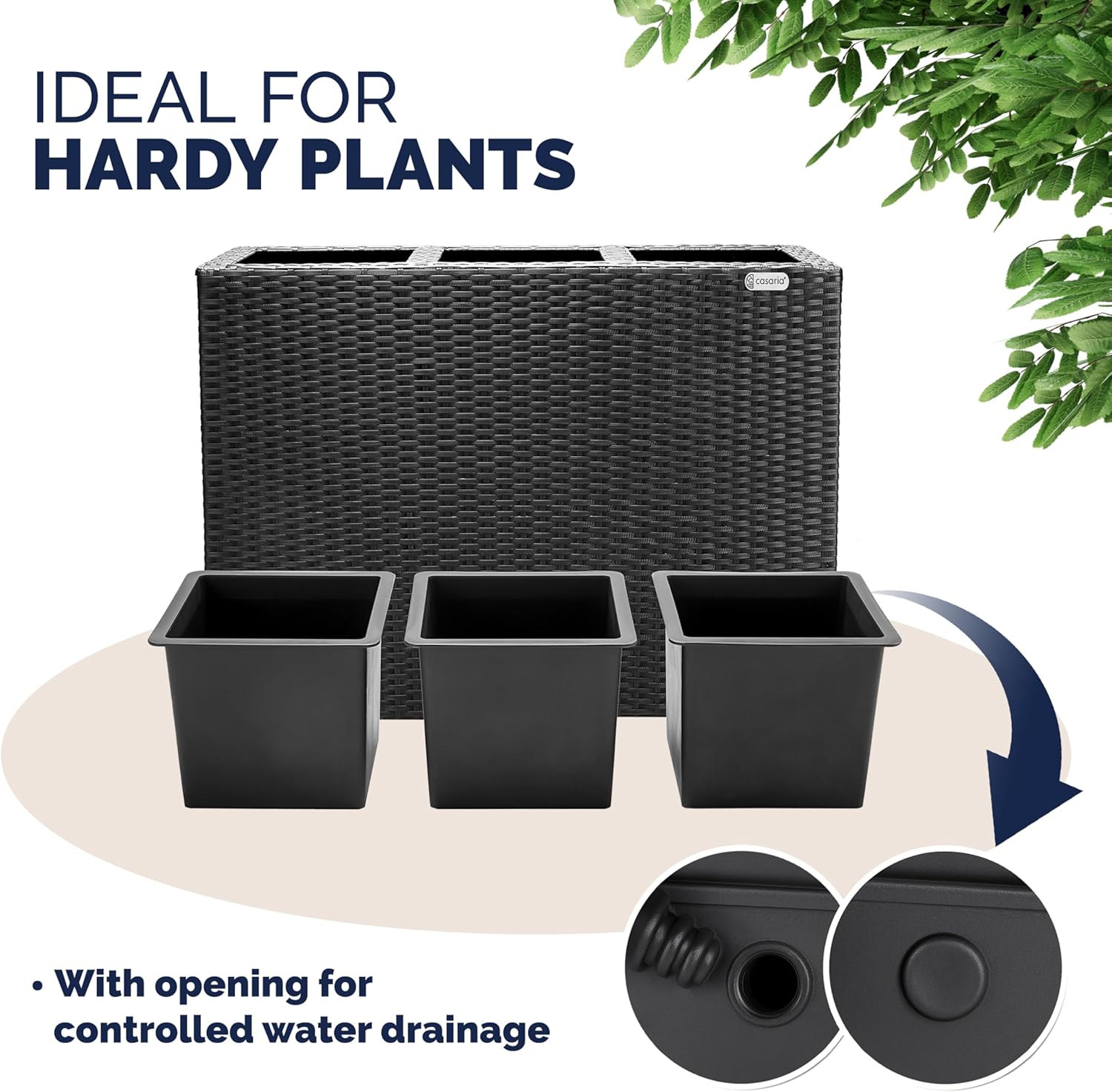 Tall Rattan Planter Box 83cm Black with 3 Pots