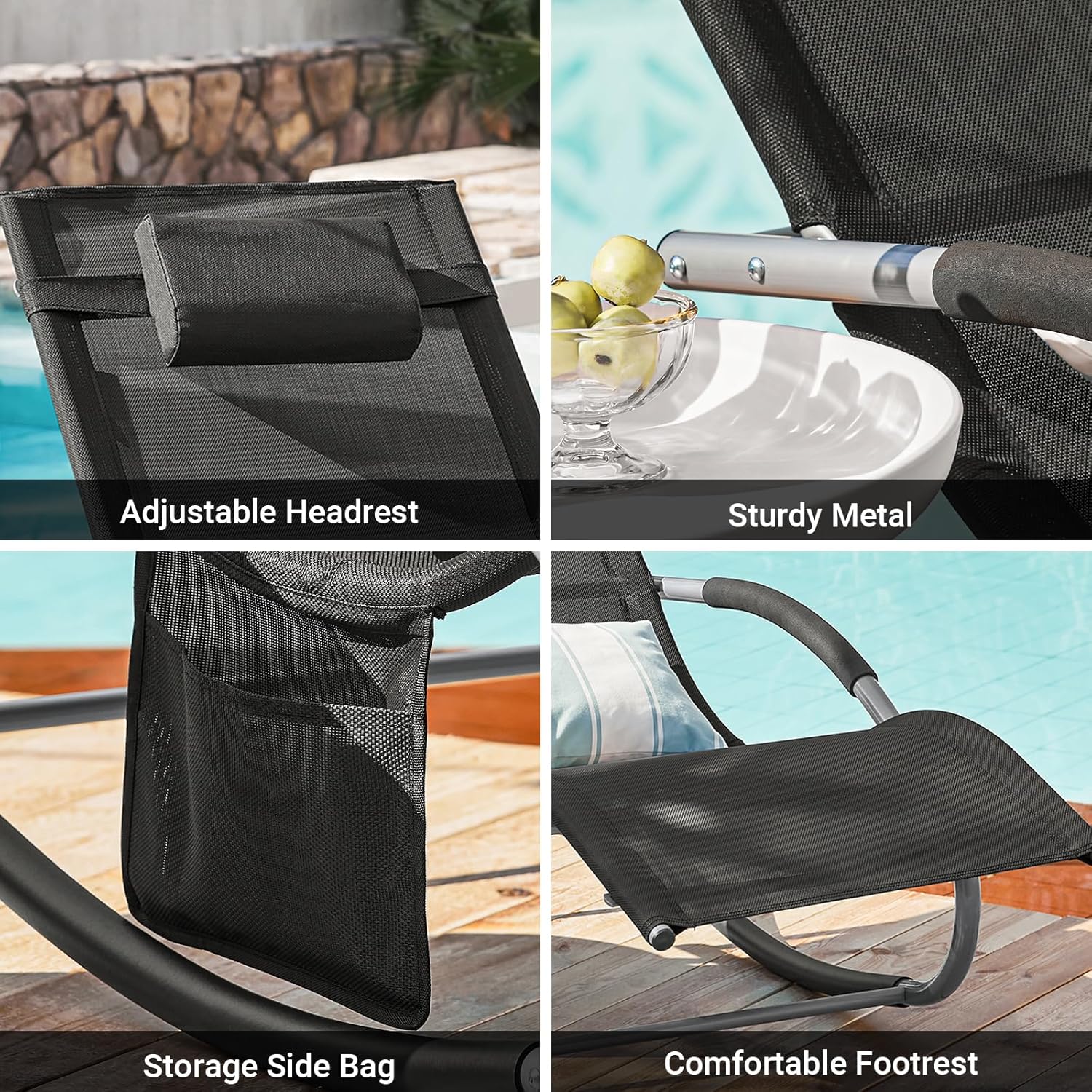 Outdoor Rocking Recliner Chair with Pillow Pocket Black
