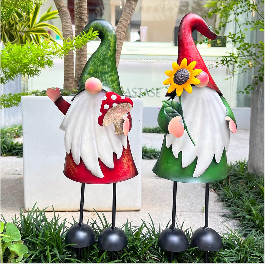 2Pcs Metal Garden Gnome Stakes 18in Outdoor Yard Decor