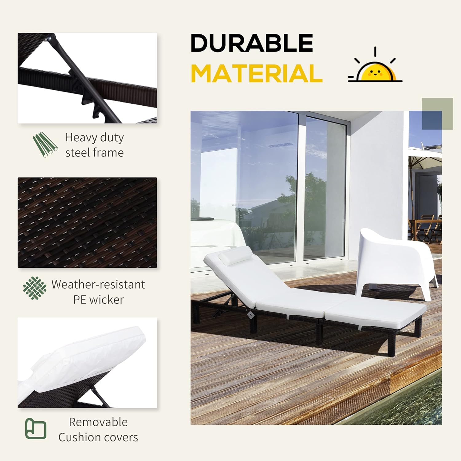 PE Rattan Sun Lounger 5 Level Recliner Cream
