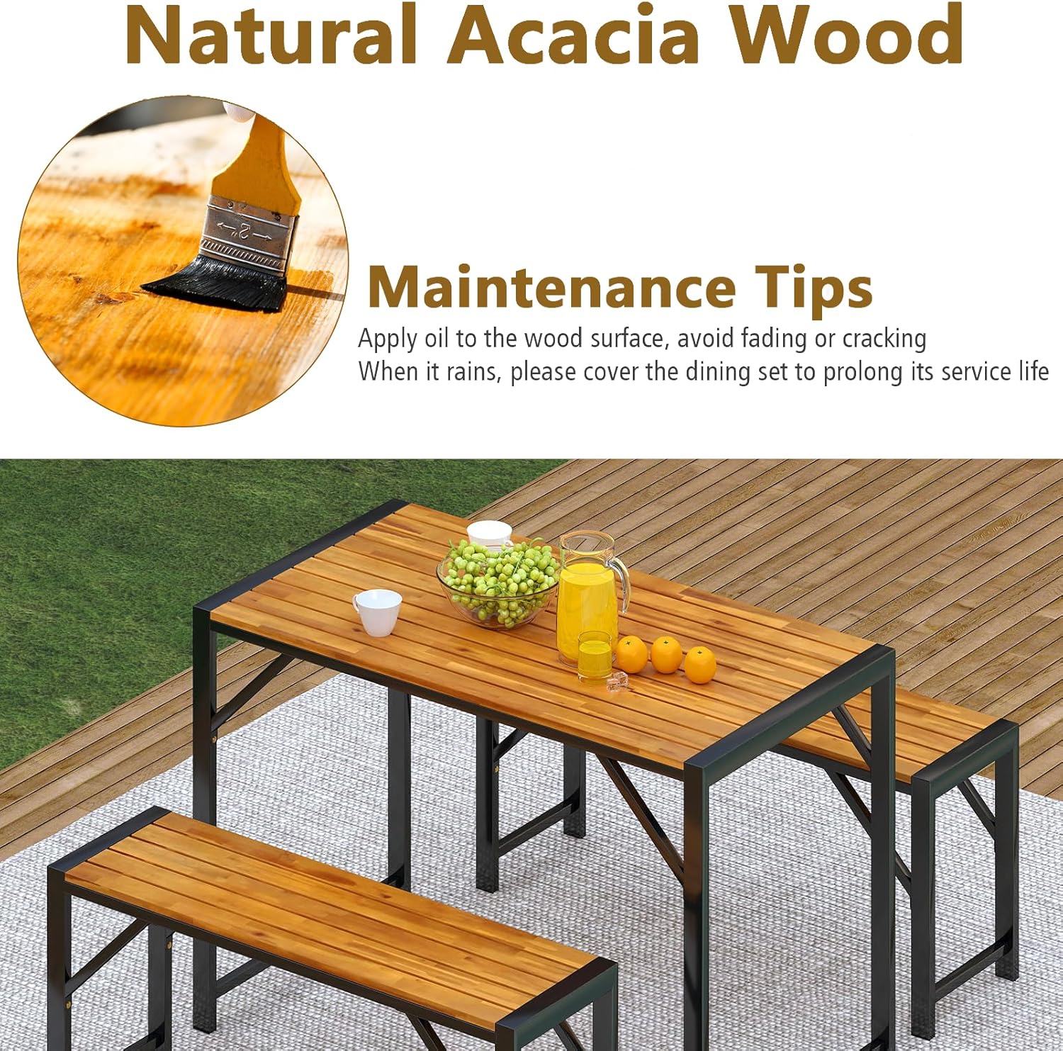 3 Piece Wooden Garden Dining Set Table & 2 Benches Patio Furniture