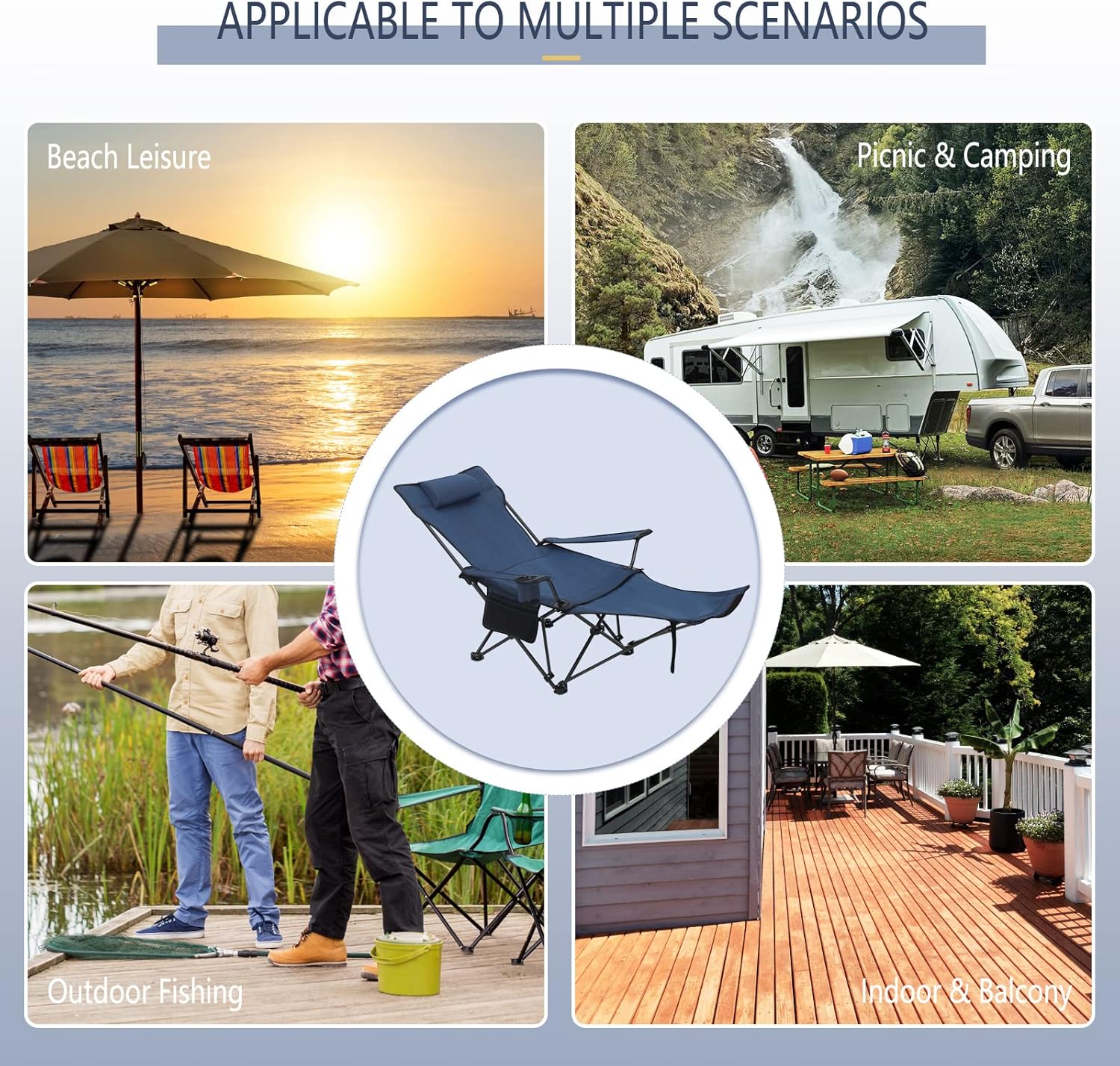 2 Pack Blue Reclining Camping Chairs with Footrest Set