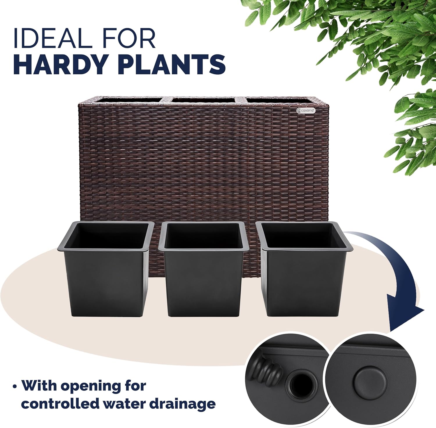 Tall Rattan Planter Box 83cm Brown with 3 Pots