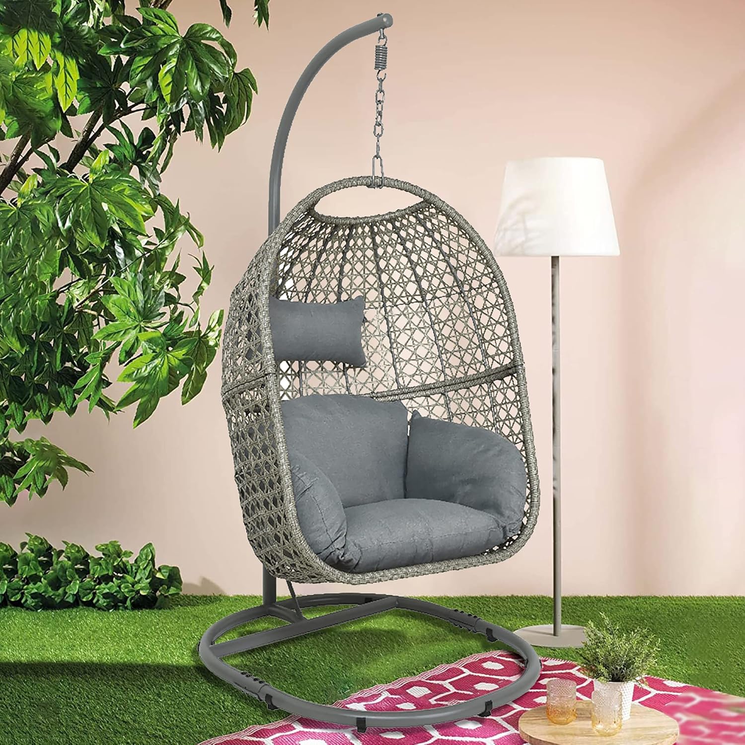 Grey Hanging Egg Chair with Stand Rattan Swing