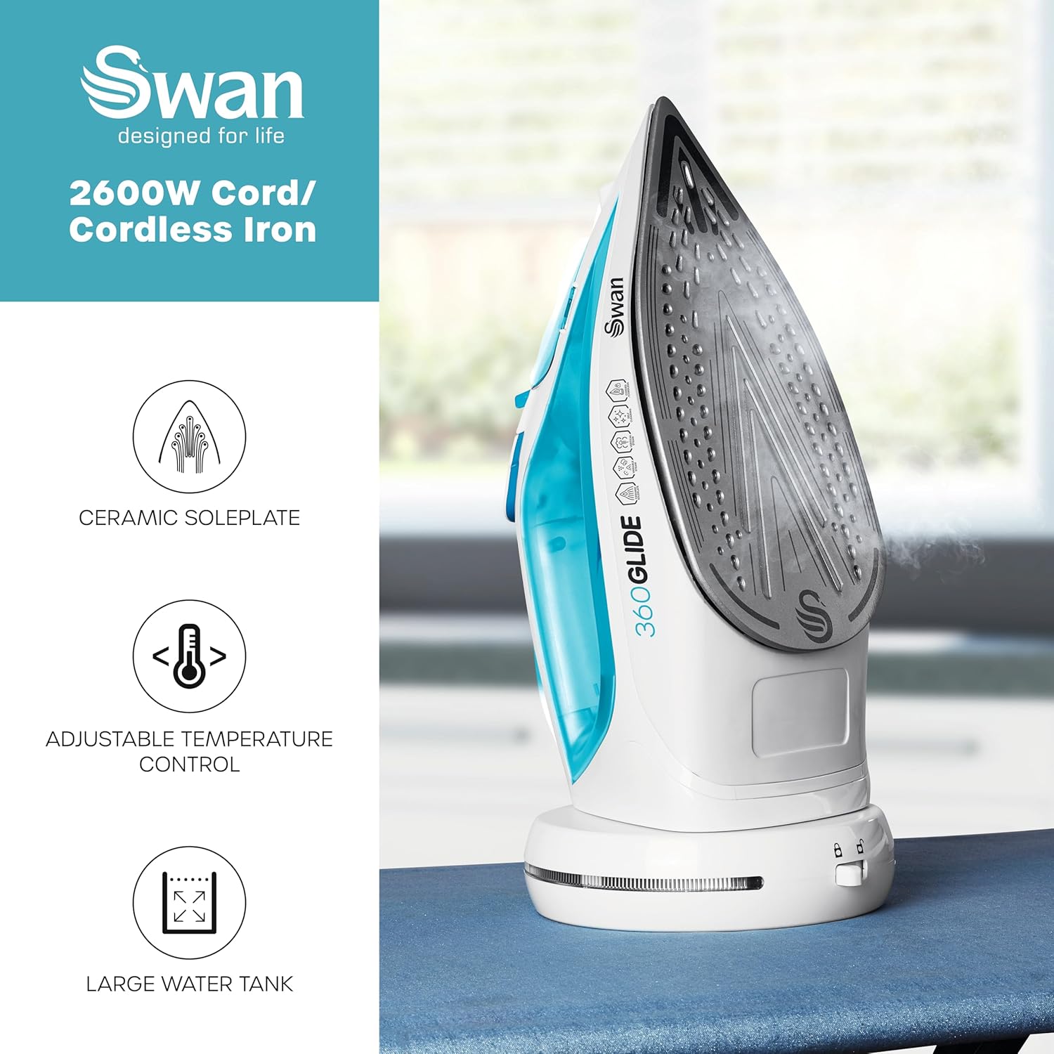Cordless Steam Iron 2800W Ceramic Soleplate 2-in-1 Corded 300ml Tank