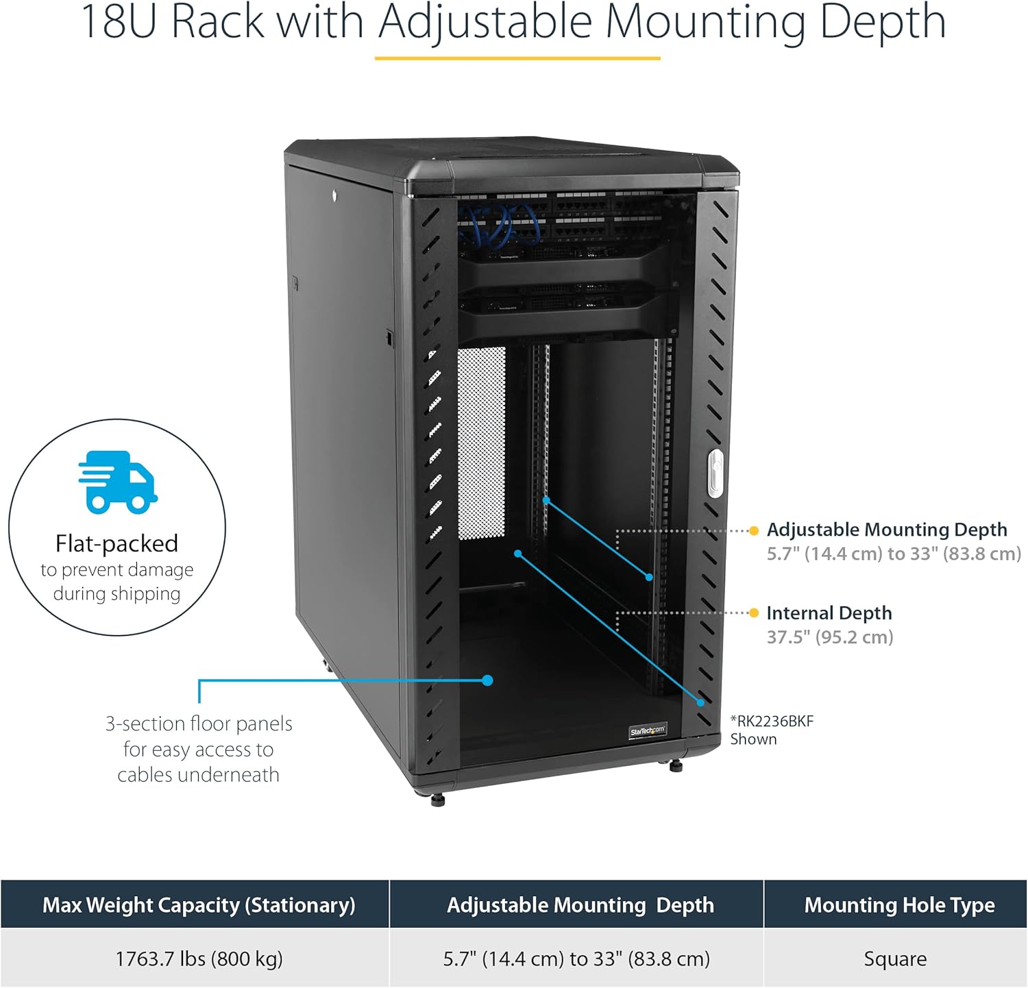 18U 19in Server Rack Cabinet Locking Glass Door Mobile Adjustable Depth