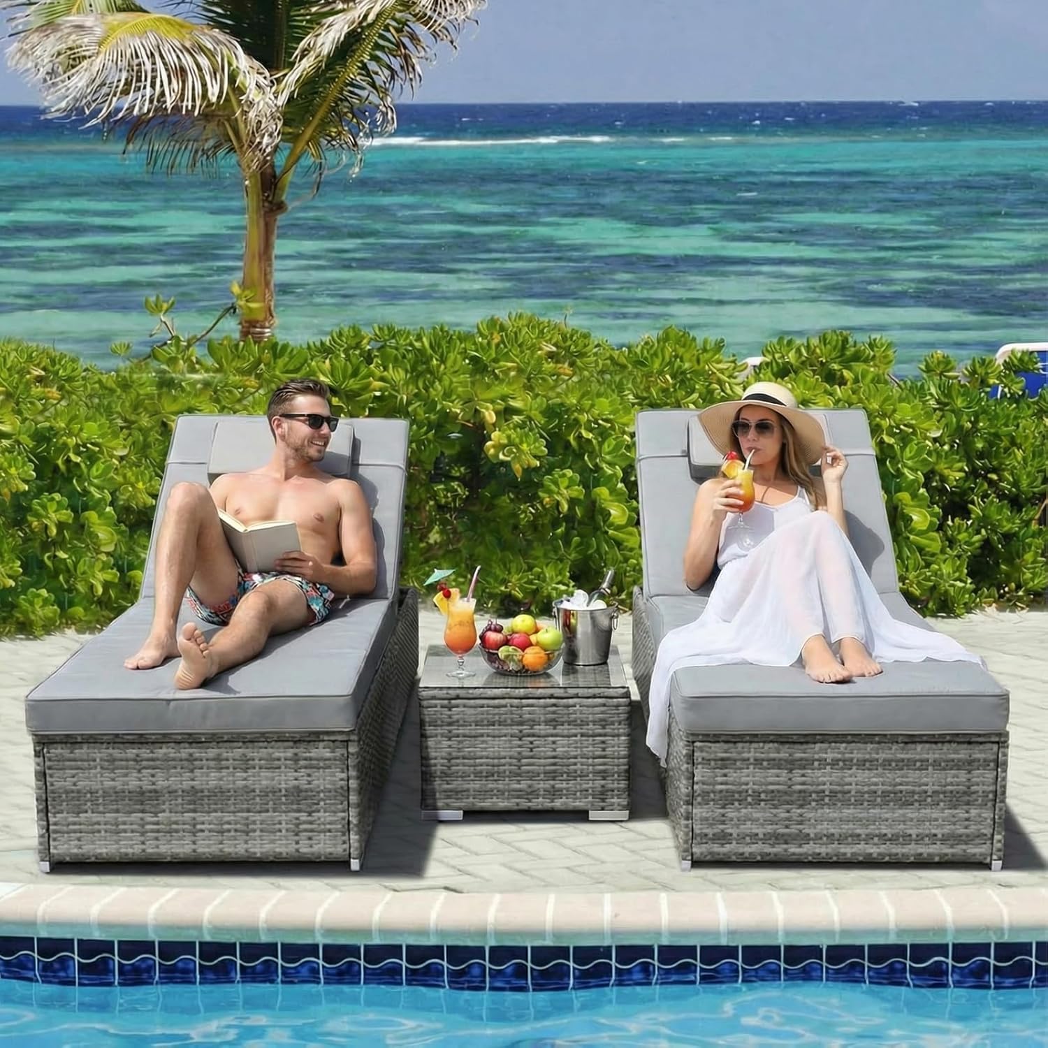 3 Piece Rattan Sun Lounger Set Recliner Day Bed Table Grey