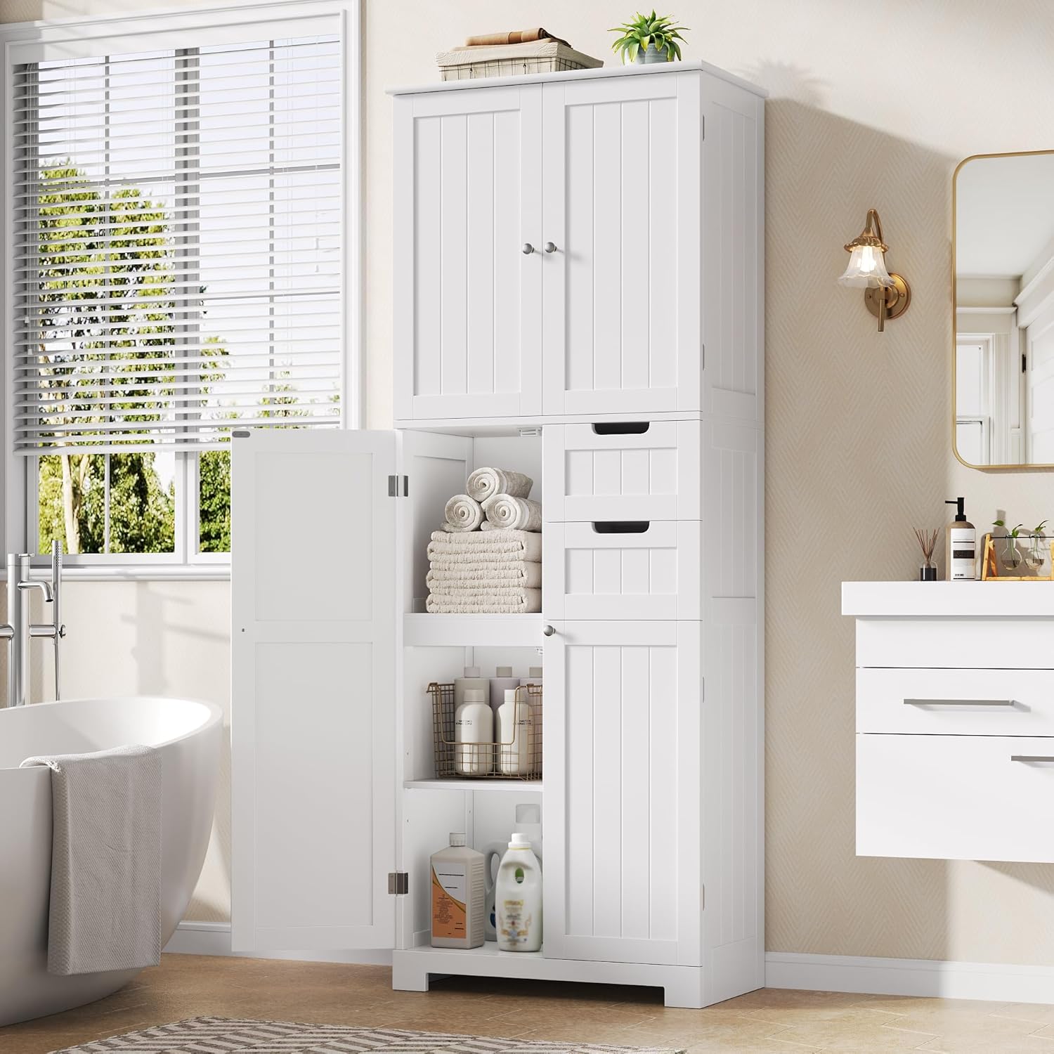 Tall Bathroom Storage Cabinet 2 Drawers Shelves White 164cm