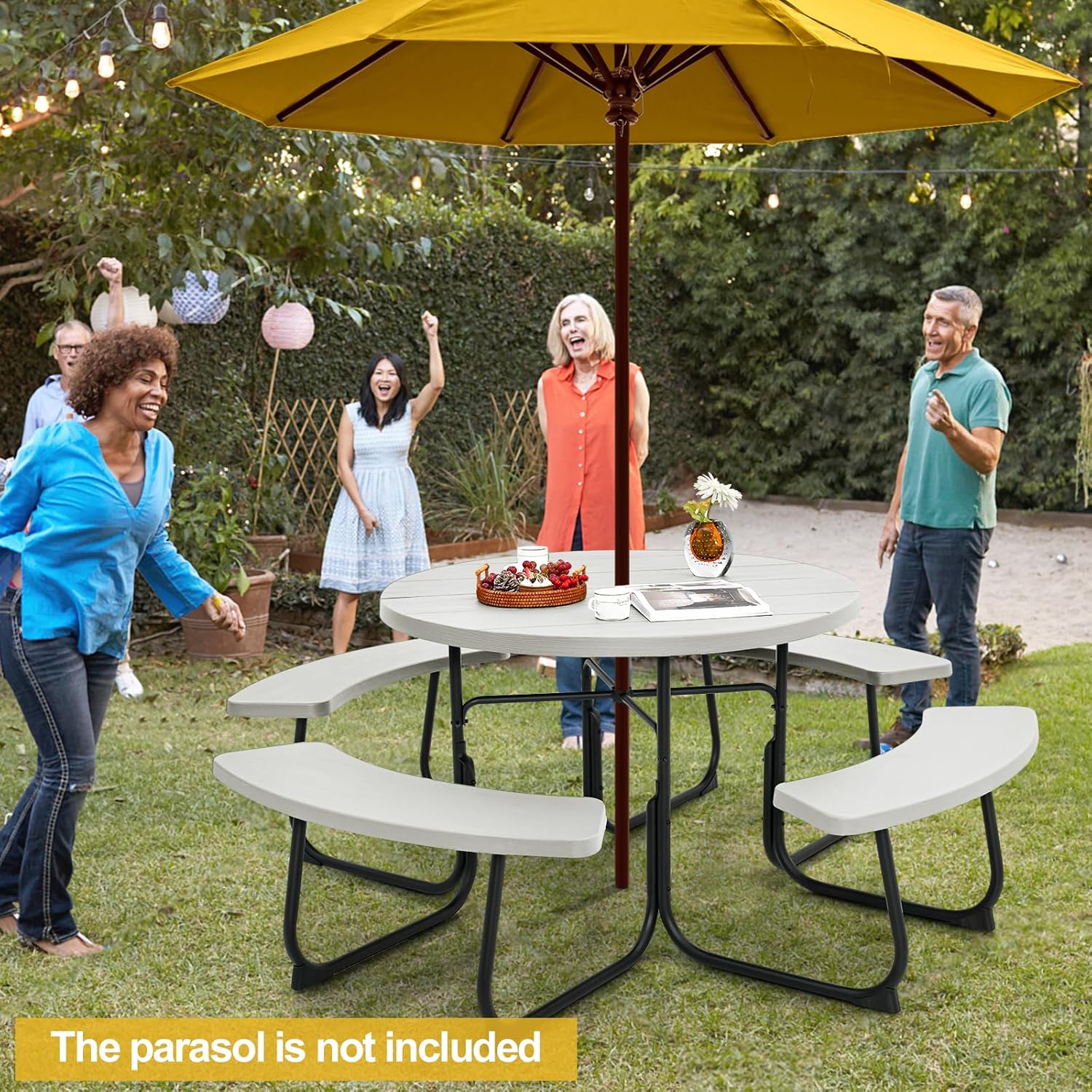 8 Seater Round Picnic Table Bench Set Outdoor Patio w/Parasol Hole