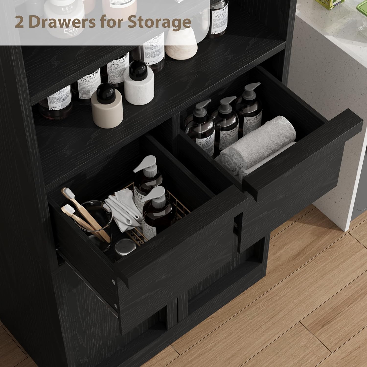 Tall Bathroom Storage Cabinet Black 2 Drawers Door Unit