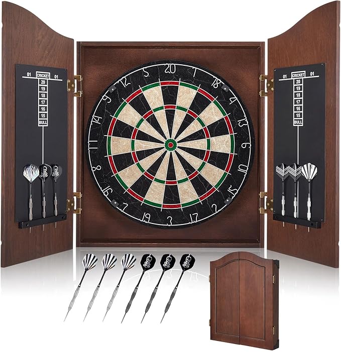 18in Dartboard Cabinet Set Sisal Board Wood Case 12 Darts Score