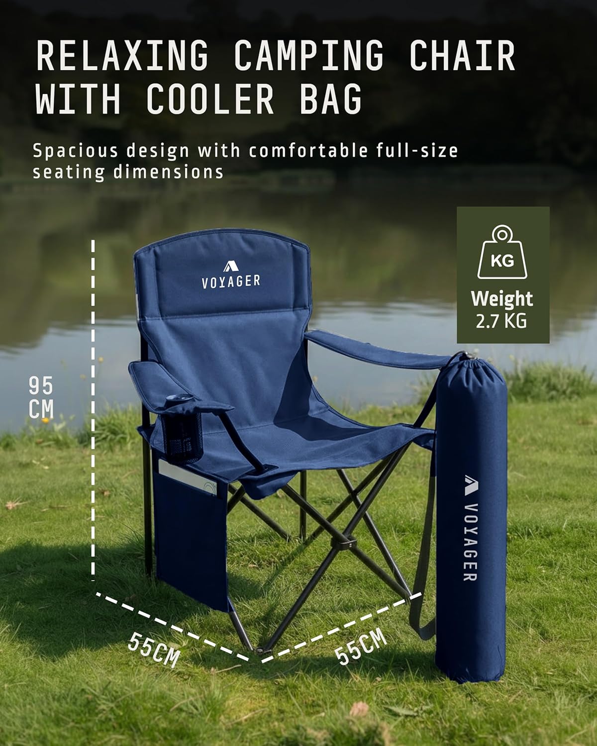 Folding Camping Chair 2 Pack Pocket Cup Holder Navy