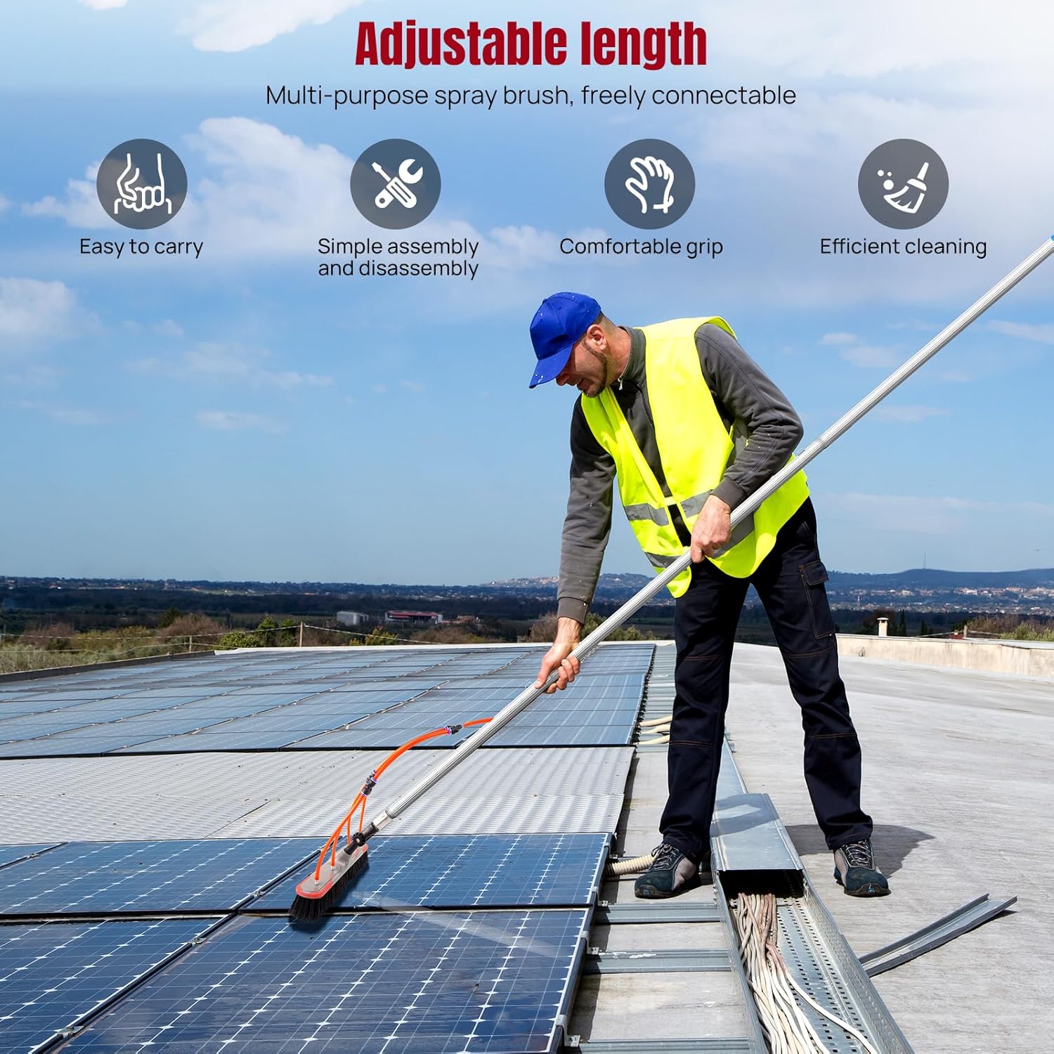 7M Telescopic Cleaning Brush with Water Hose for Solar Panels