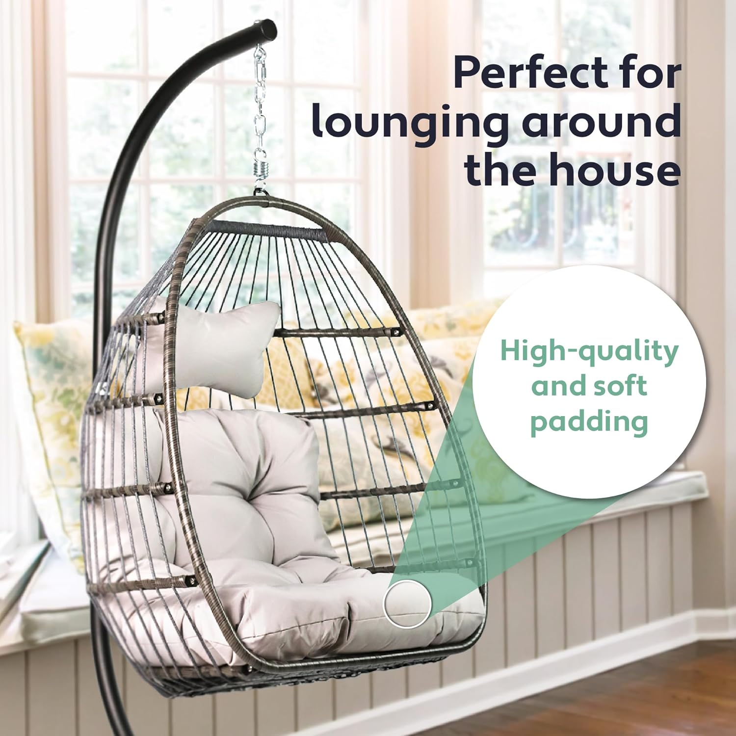 Foldable Hanging Egg Chair with Stand Cushion Light Grey