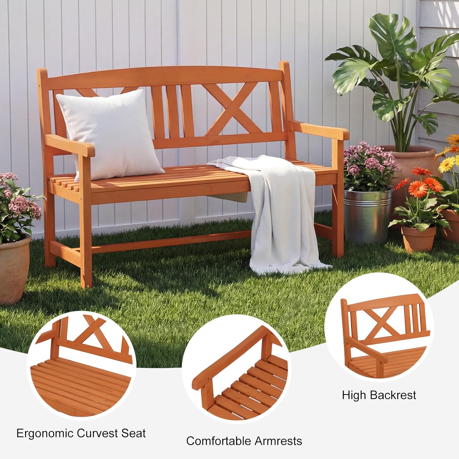 2 Seater Wooden Garden Bench Patio Seat w/Backrest Armrests