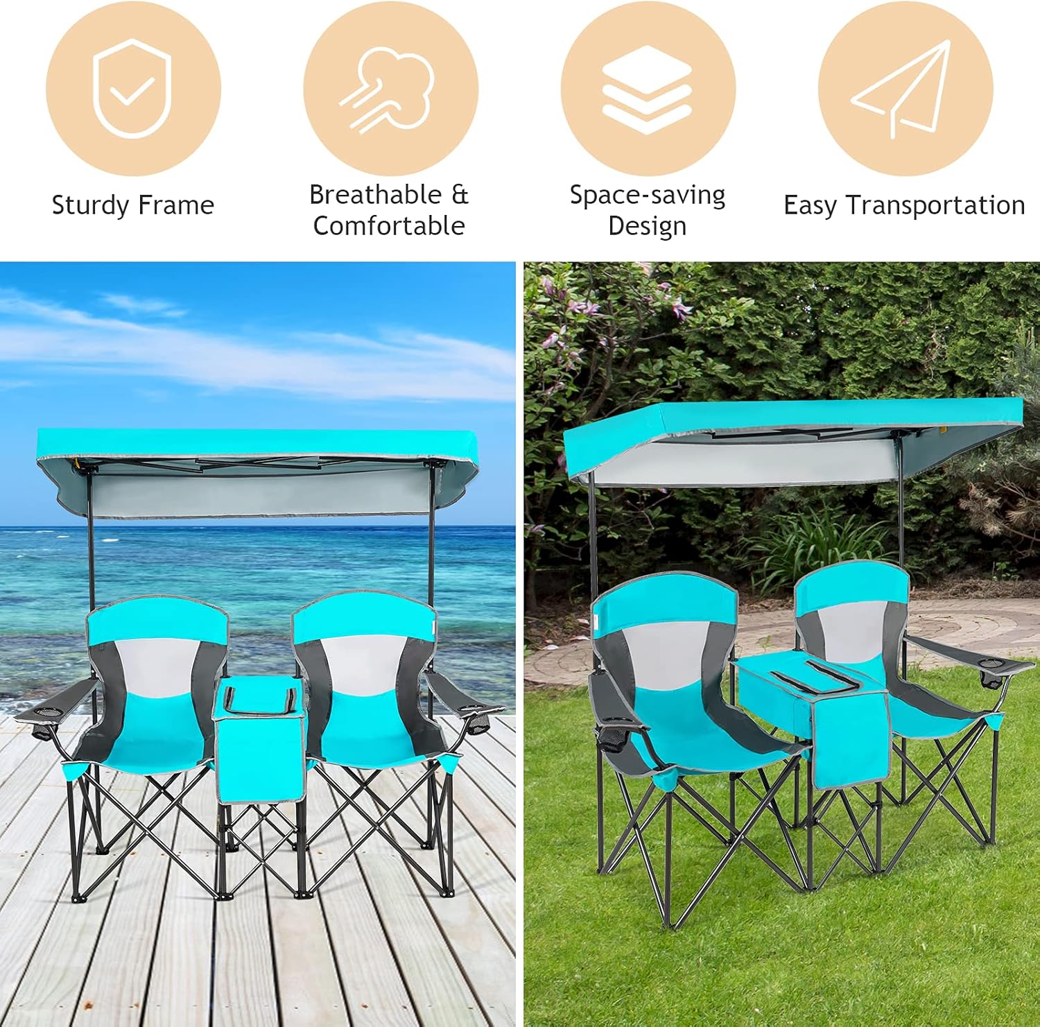 Turquoise Double Camping Chair with Canopy 2 Seater