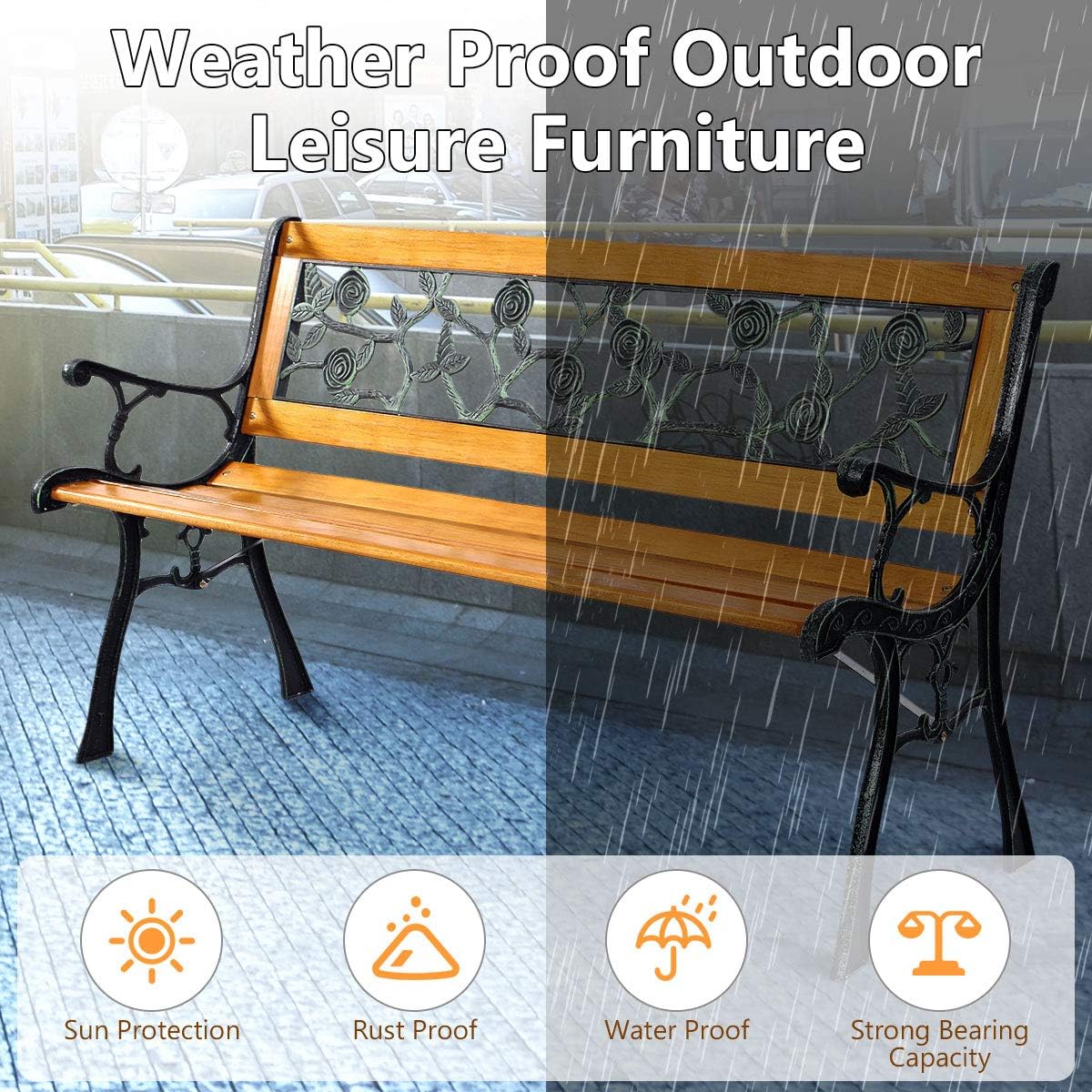 3 Seater Wooden Garden Bench Cast Iron Frame Patio Seat