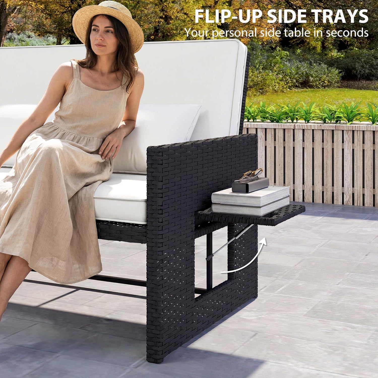Double Rattan Daybed Sun Lounger Storage Cream White