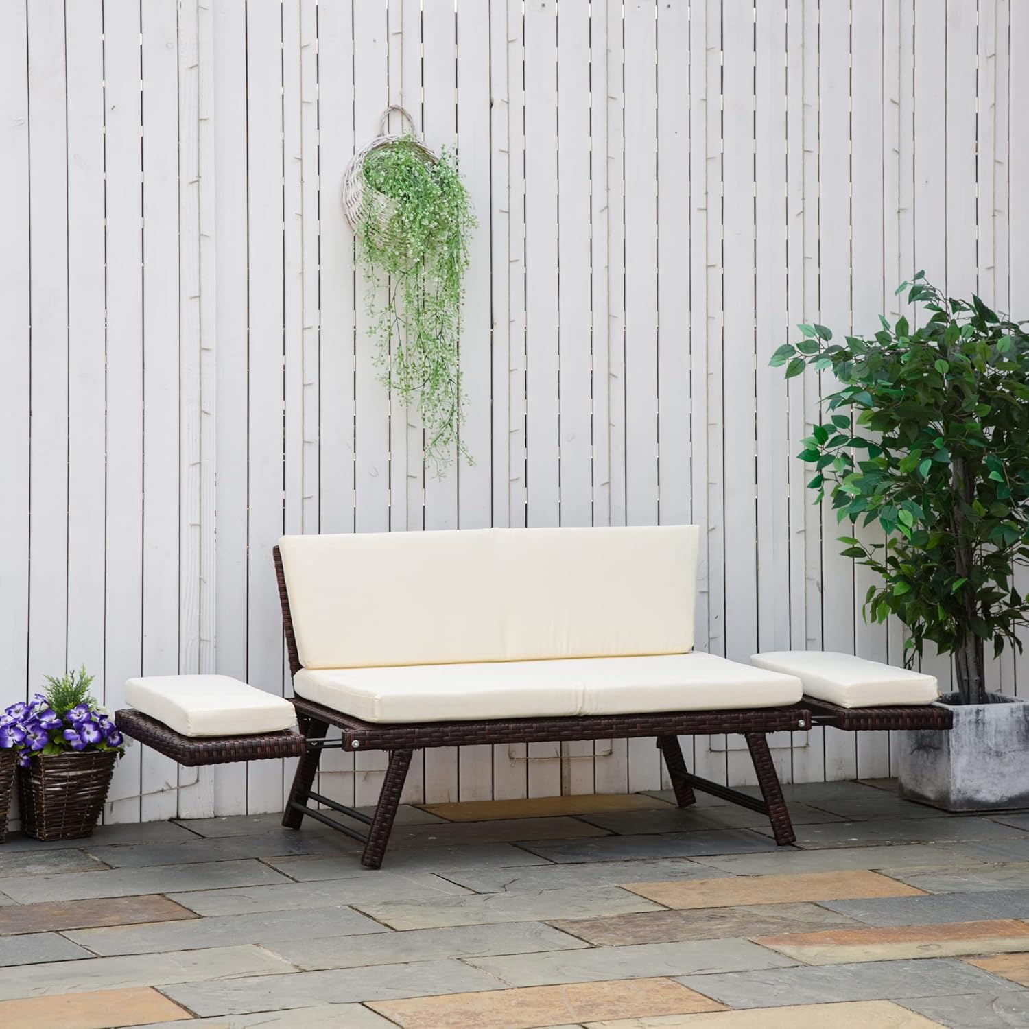 Rattan Garden Sofa Bed Convertible Bench Lounger Brown