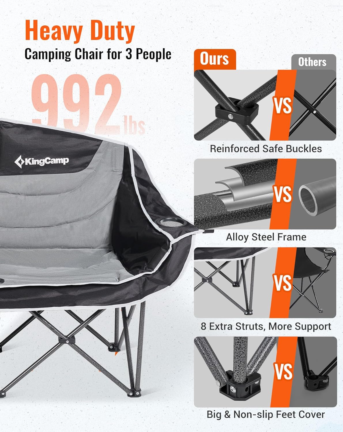 3 Seater Camping Sofa Chair 450KG Black Grey