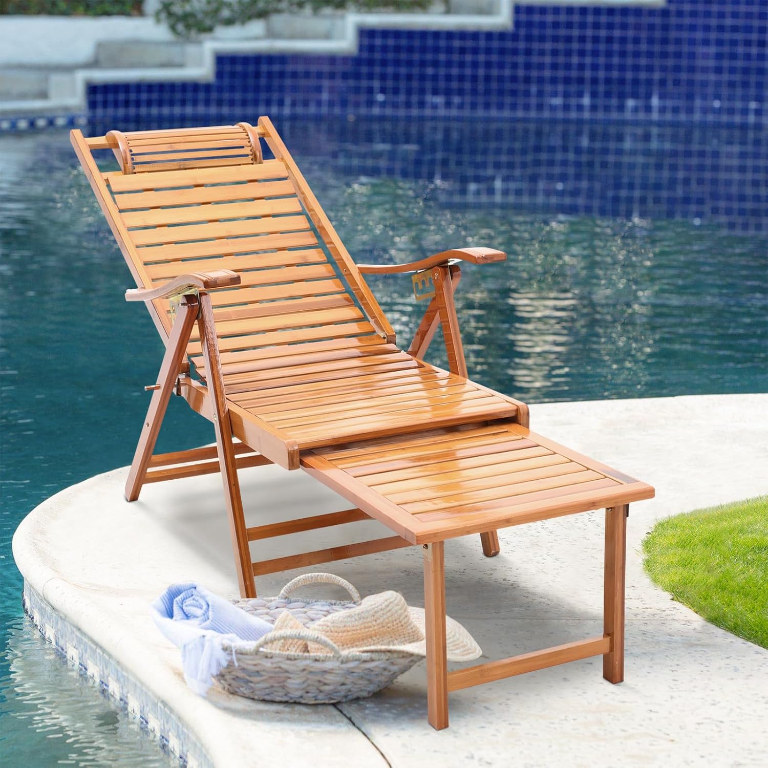 Wooden Sun Lounger Foldable 5 Position Recliner 1pc