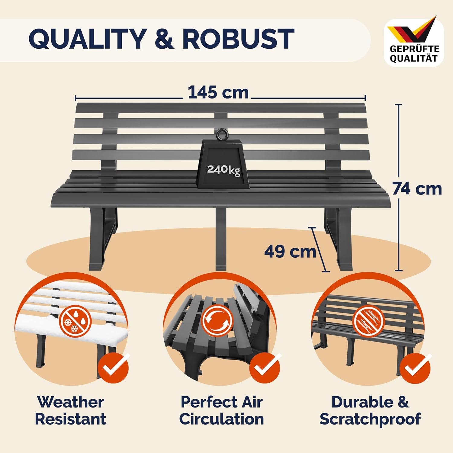 3 Seater Plastic Garden Bench Weatherproof Patio Seat Anthracite