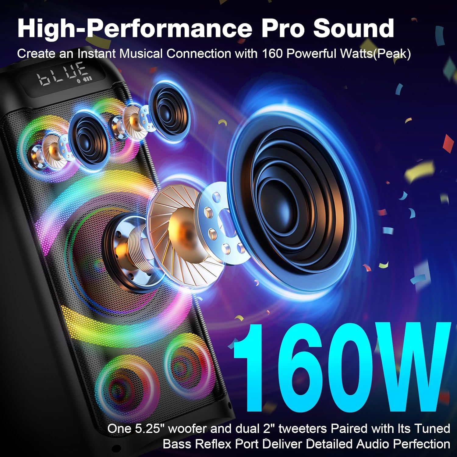 160W Portable Bluetooth Party Speaker Deep Bass LED TWS