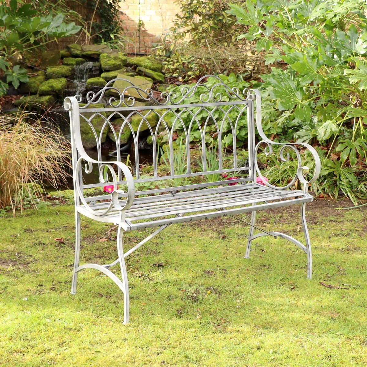 Ornate Metal Garden Bench Distressed White Patio Seat