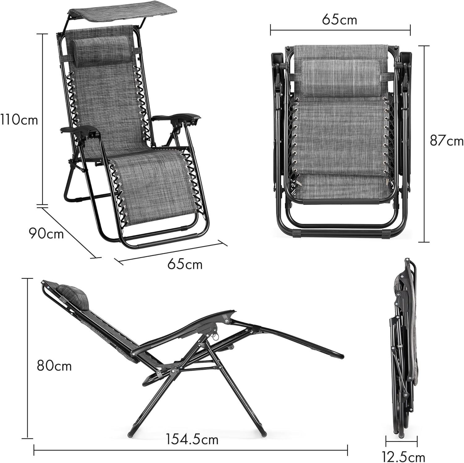 2 Zero Gravity Reclining Garden Chairs with Canopy Grey