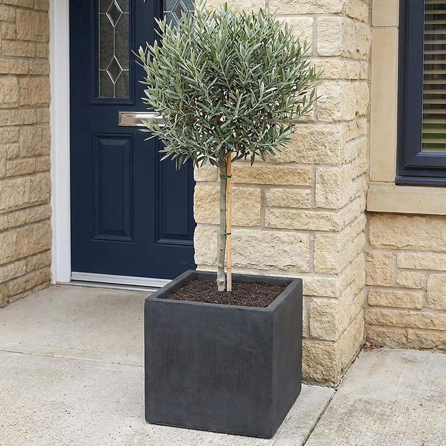 30cm Dark Grey Square Planter Stone Effect Garden Pot Drainage