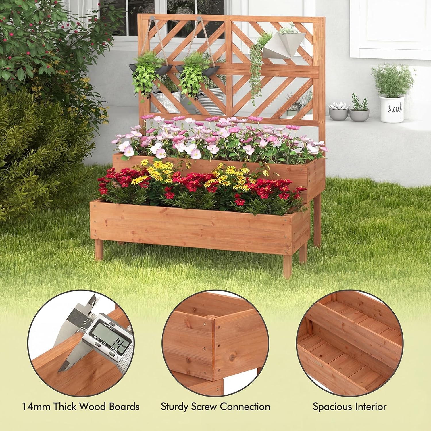Wooden Raised Garden Planter with Trellis 2 Tier Plant Bed 135cm