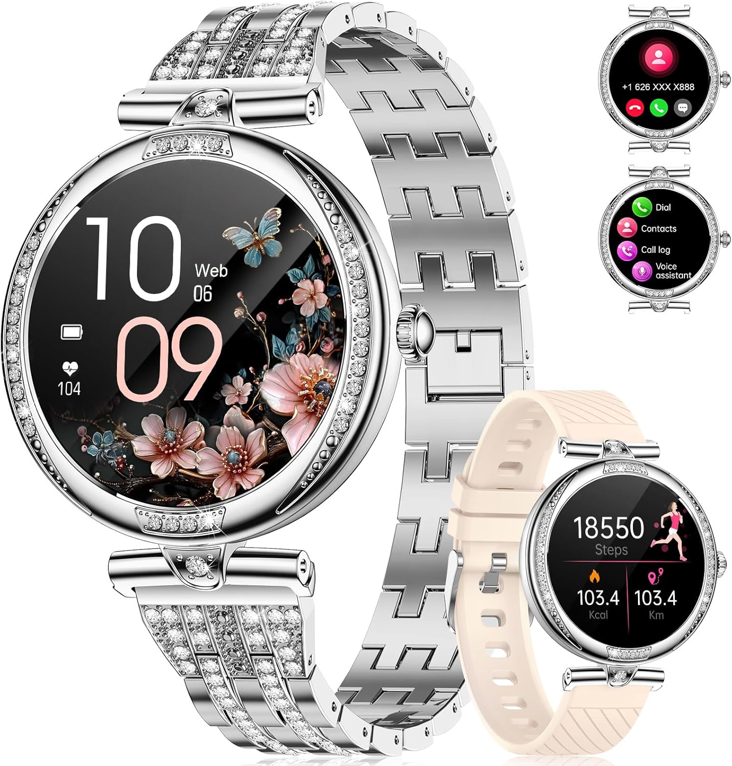 Silver Diamond Ladies Smart Watch Bluetooth Call AMOLED Watch