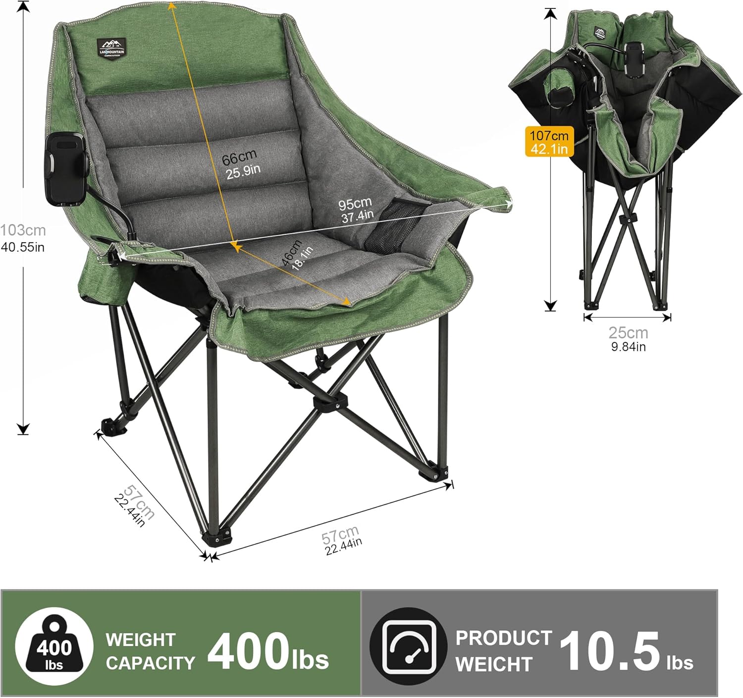 XL Oversized Folding Camping Chair Heavy Duty 400lbs Green