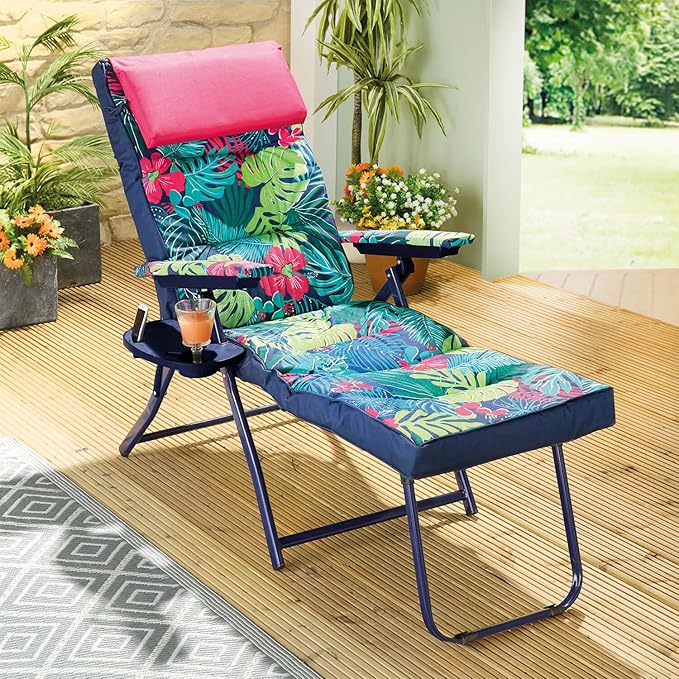 Tropical Reclining Garden Sun Lounger with Cushion