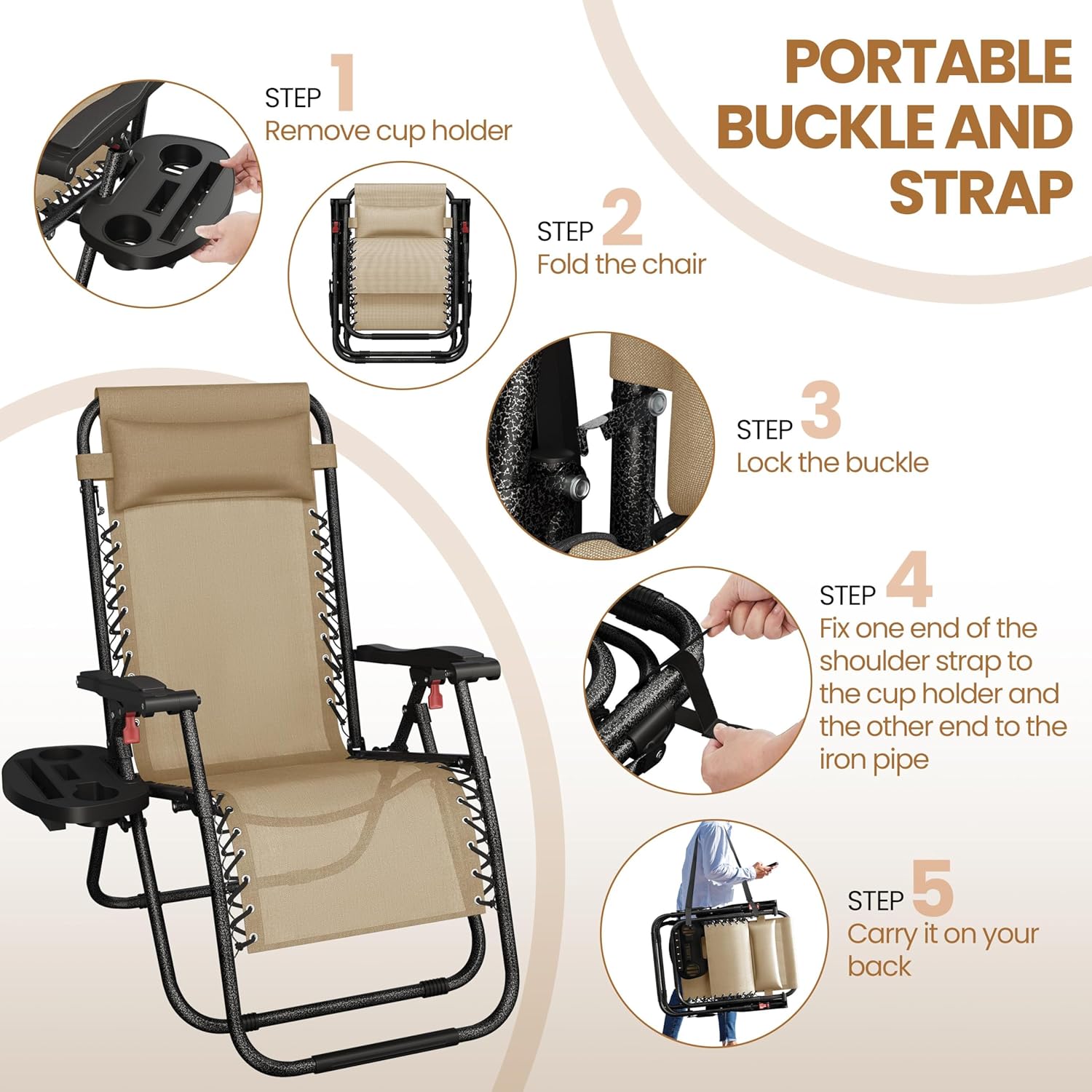 2 Zero Gravity Recliner Chairs Folding with Cup Holder Beige