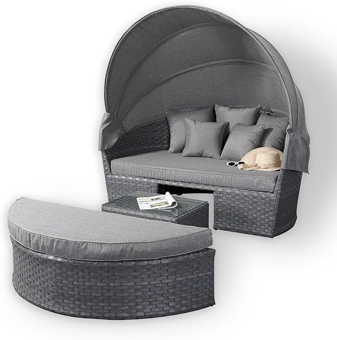 Rattan Garden Daybed with Canopy Queen Lounger Grey