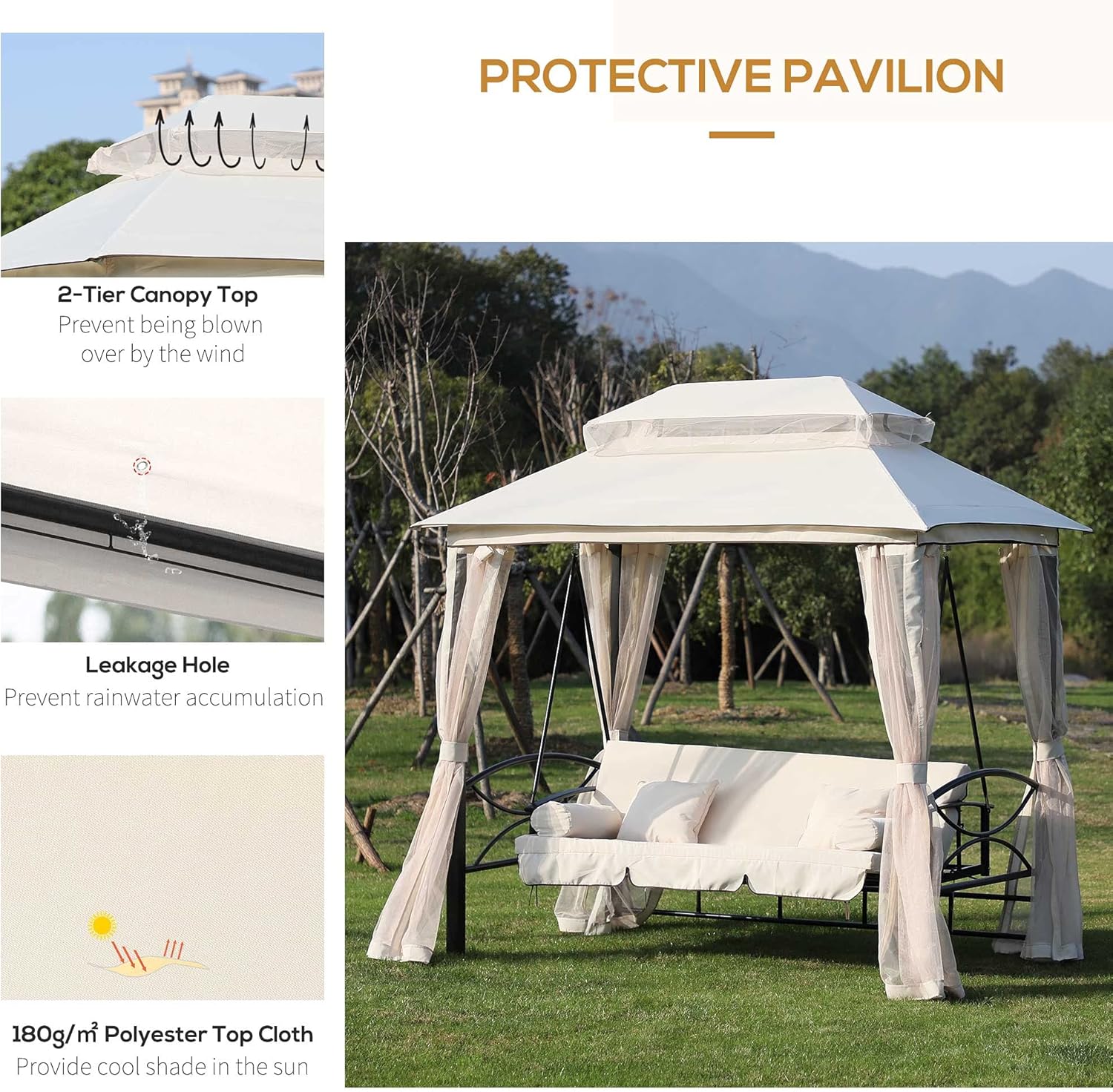 3 Seater Swing Bed Gazebo Chair Cream White