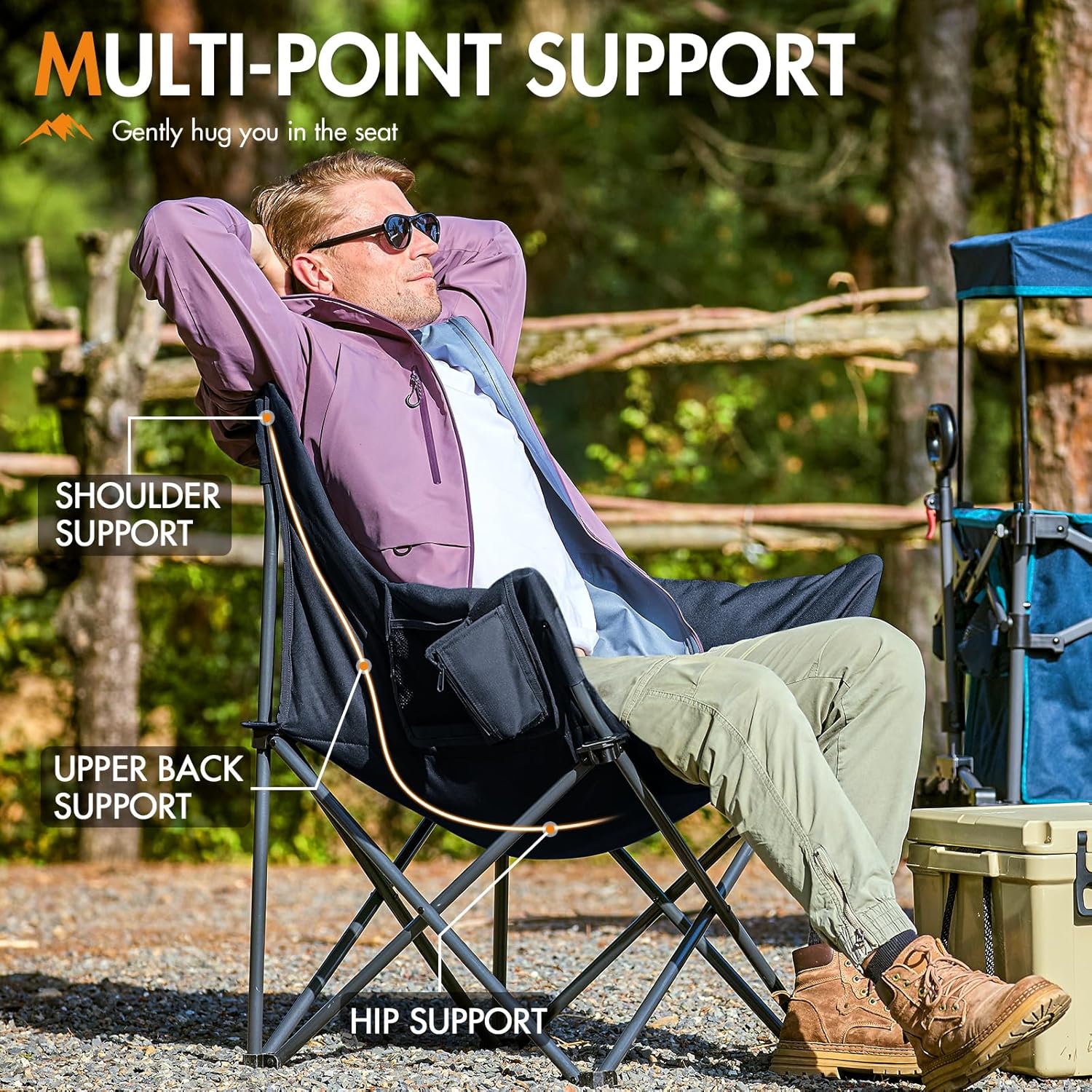 Padded Tub Camping Chair Wide Seat 150KG Black