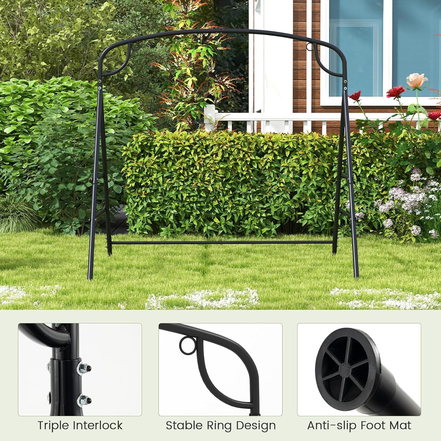 2 Seater Rattan Garden Swing Chair Set Black Stand