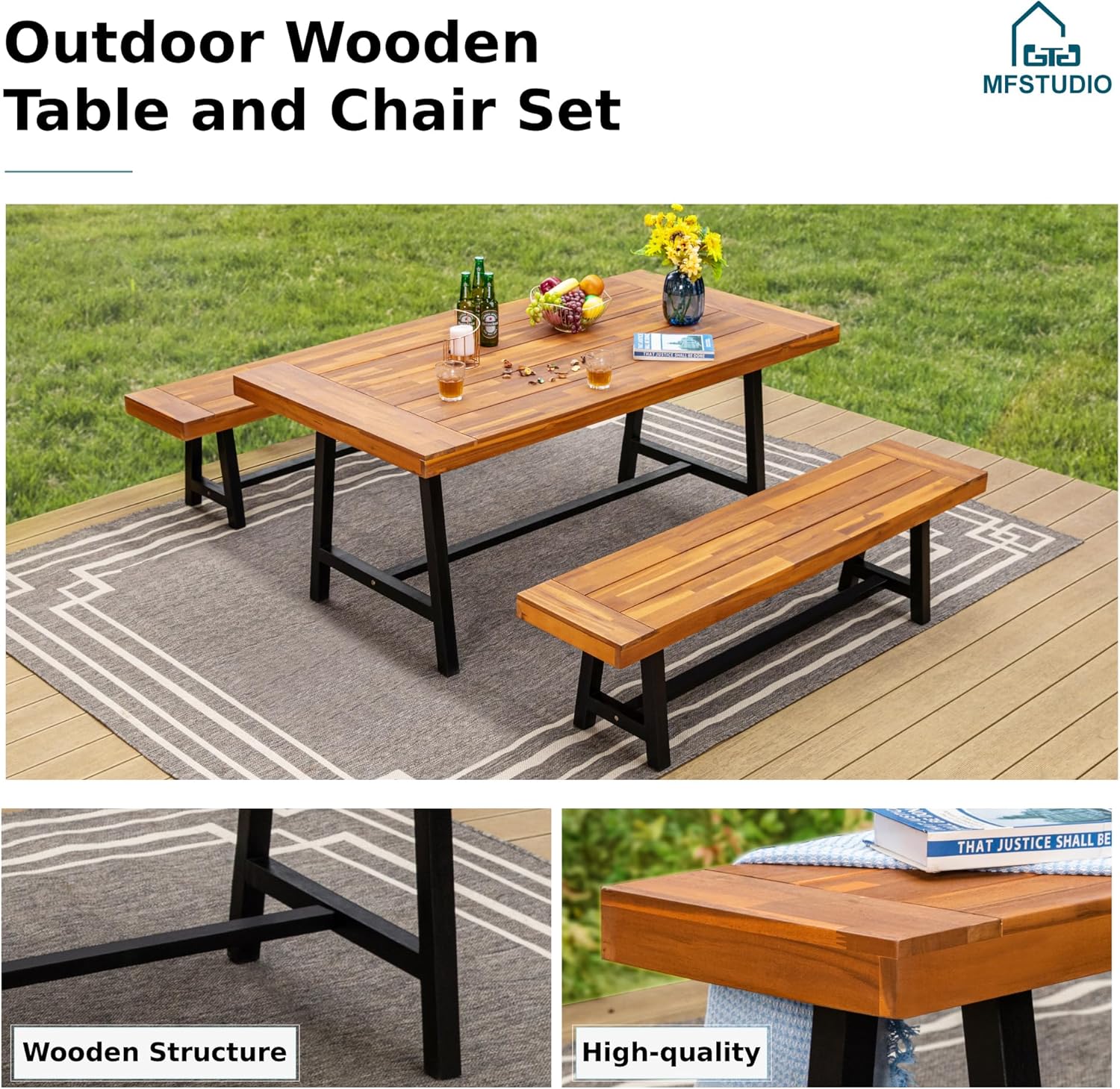 3 Seater Wooden Garden Bench 160cm Acacia Outdoor Patio Bench Seat