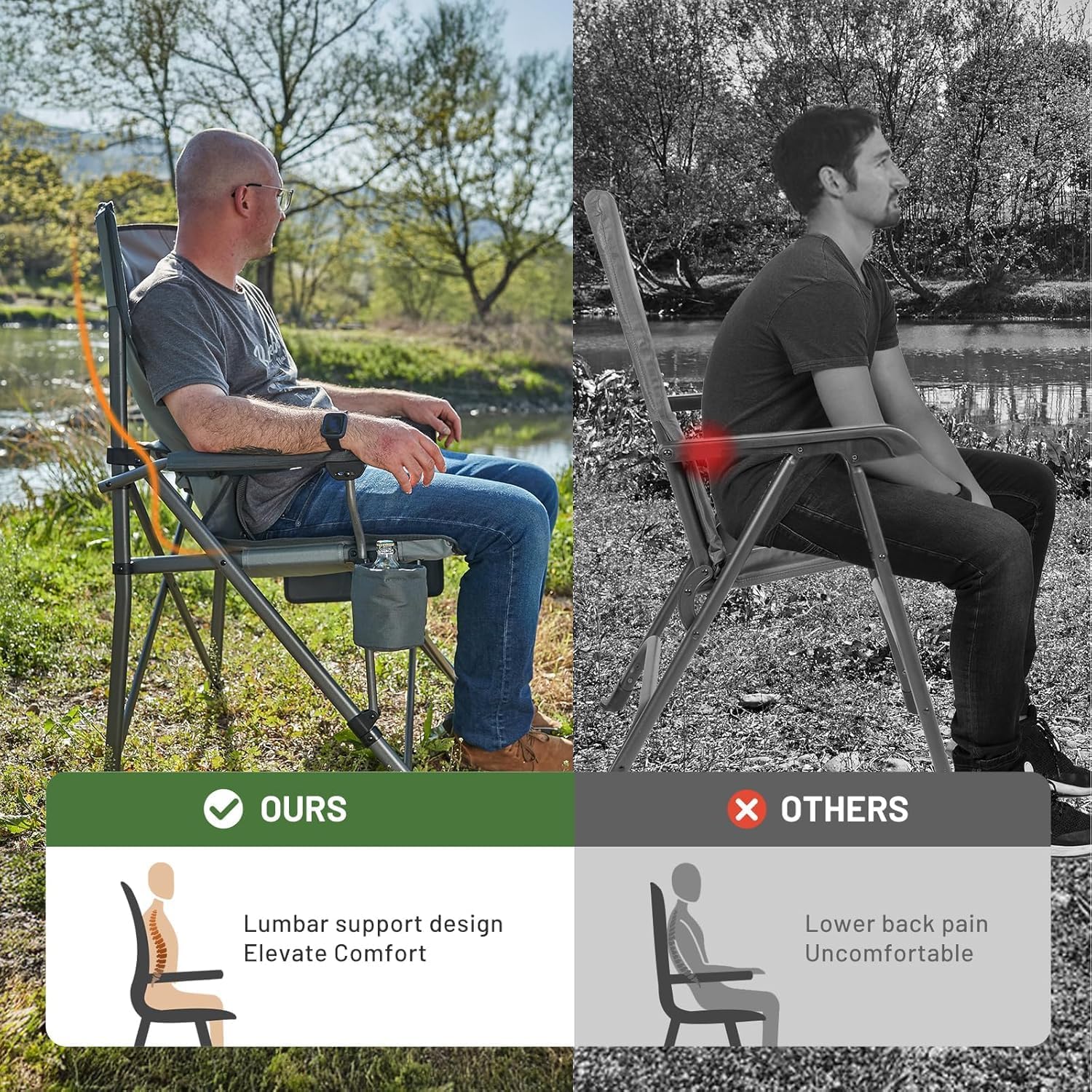 Heavy Duty Camping Chair with Lumbar Support Cooler Pocket Grey
