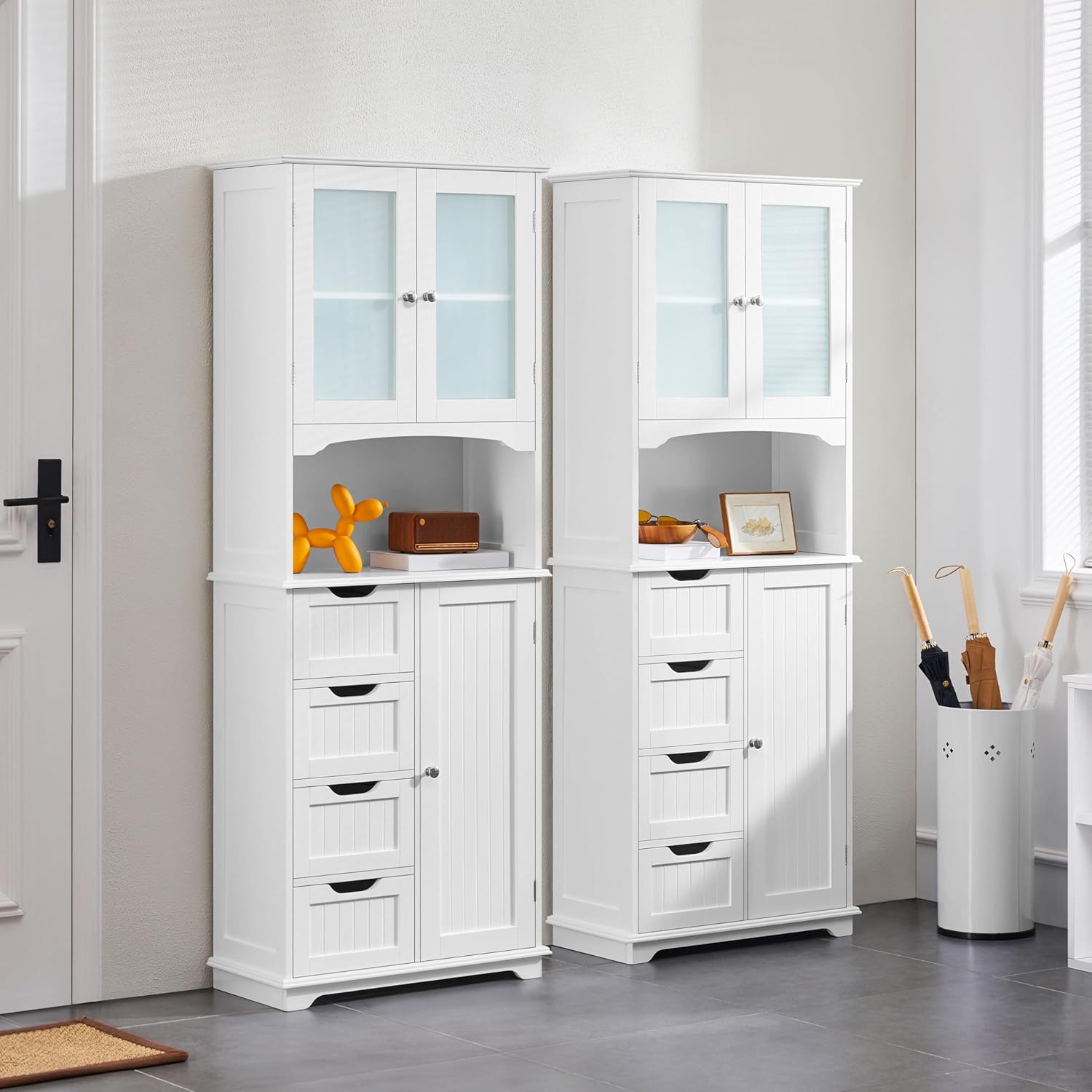 Tall Bathroom Storage Cabinet 4 Drawers Glass Doors White Unit