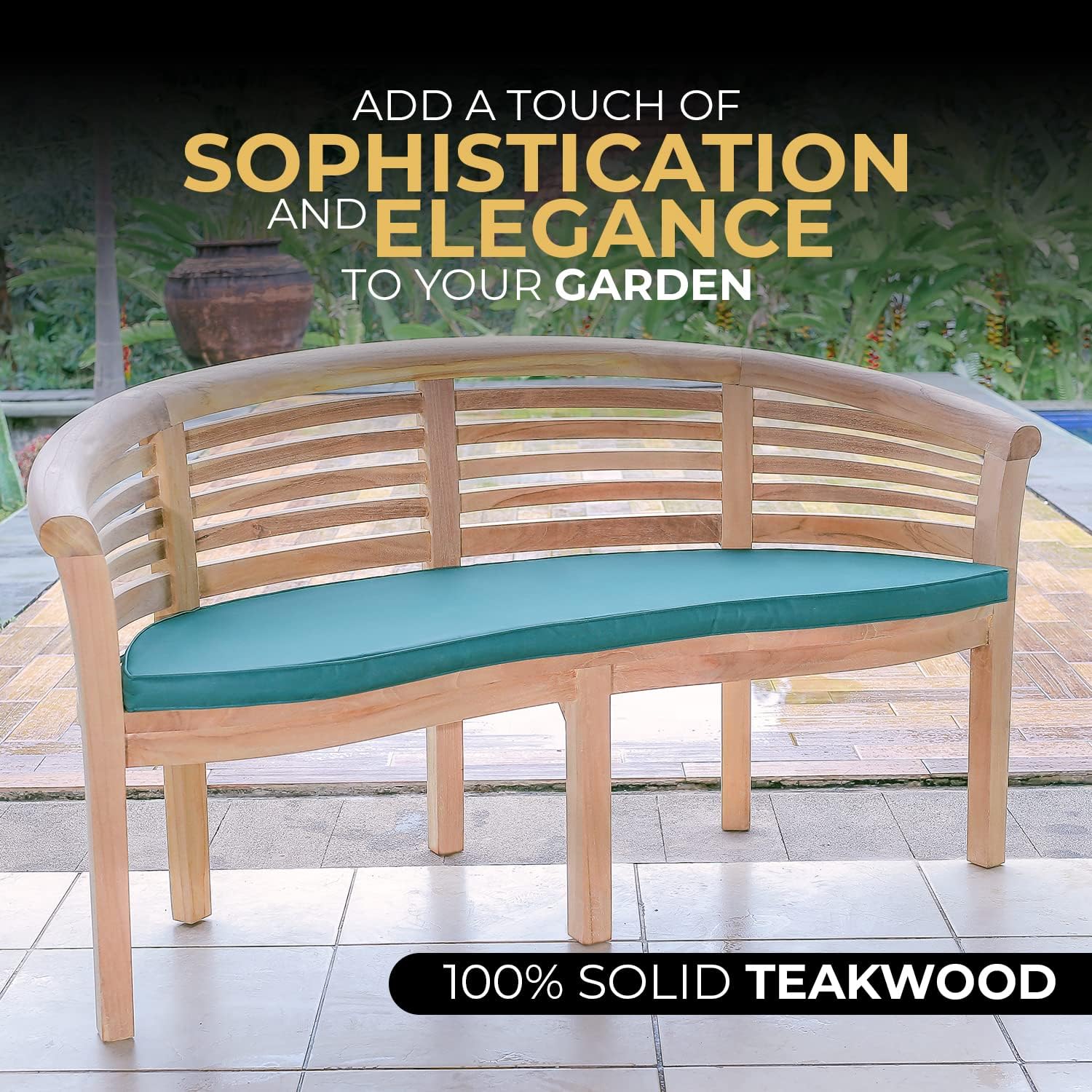Teak Wood Banana Garden Bench w/ Green Cushion Curved Patio Seat 168cm