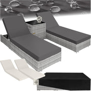 3 Piece Rattan Sun Lounger Set Recliners Table Light Grey