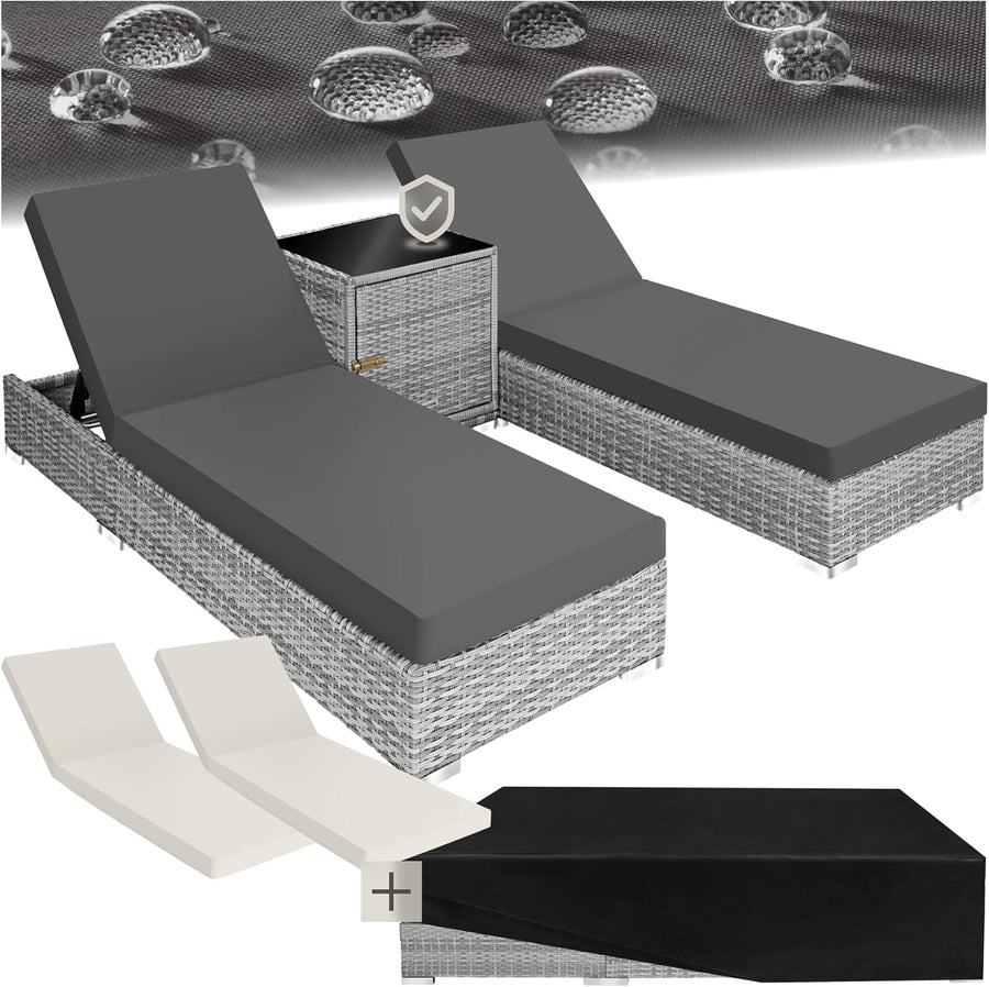 3 Piece Rattan Sun Lounger Set Recliners Table Light Grey