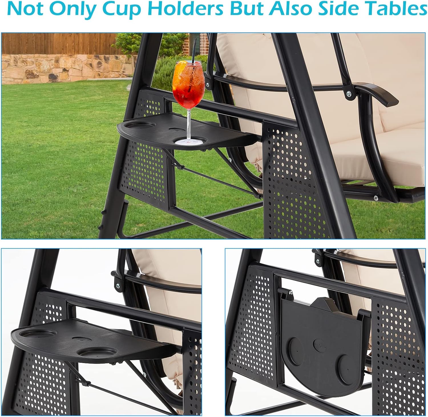 3 Seater Garden Swing Chair Beige Canopy Cup Trays