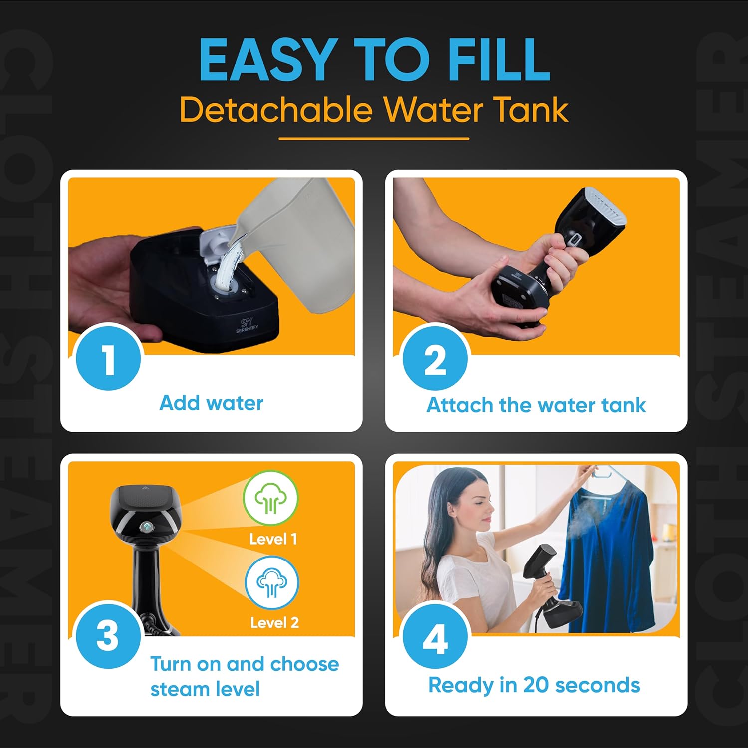 Handheld Garment Steamer 1700W 20s Heat 320ml Tank Portable